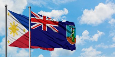 Filipinler ve Montserrat bayrağı birlikte beyaz bulutlu mavi gökyüzüne karşı rüzgarda sallayarak. Diplomasi kavramı, uluslararası ilişkiler.