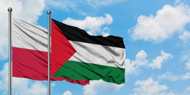 Polonya ve Filistin bayrağı birlikte beyaz bulutlu mavi gökyüzüne karşı rüzgarda sallayarak. Diplomasi kavramı, uluslararası ilişkiler.