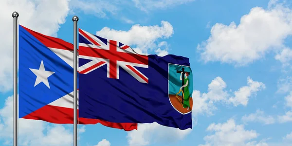 波多黎各和蒙特塞拉特国旗在风中飘扬，与白云蓝天相一起。外交概念、国际关系. — 图库照片