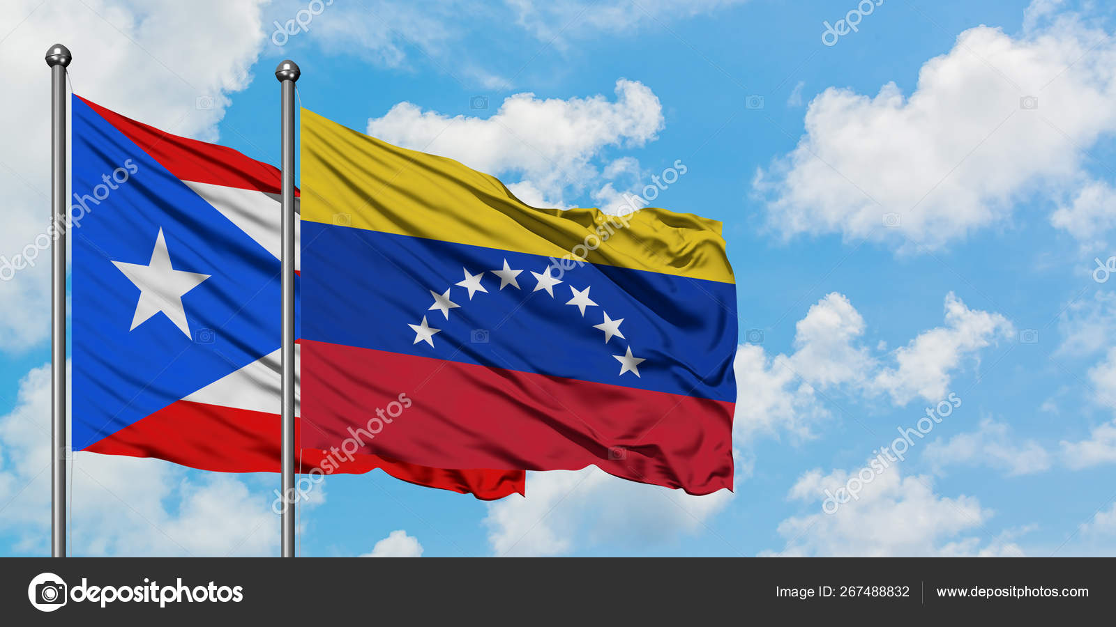 Puerto Rico And Venezuela Flag Waving In The Wind Against White Puerto Rico And Venezuela Flag Waving In The Wind Against White