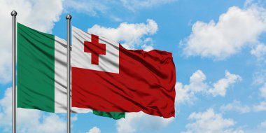 Nijerya ve Tonga bayrağı birlikte beyaz bulutlu mavi gökyüzüne karşı rüzgarda sallayarak. Diplomasi kavramı, uluslararası ilişkiler.