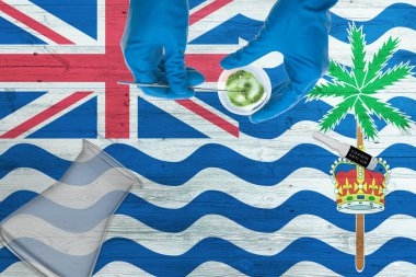 İngiliz Hint Okyanusu Bölgesi bayrağı laboratuvar masasında. Sağlık teknolojisi uzmanı COVID-19 bez toplama kiti tutuyor, mavi koruyucu eldivenler giyiyor, salgın konsepti.