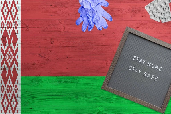 Bielorrusia Bandera Fondo Sobre Tabla Madera Tablero Escritura Stay Home — Foto de Stock