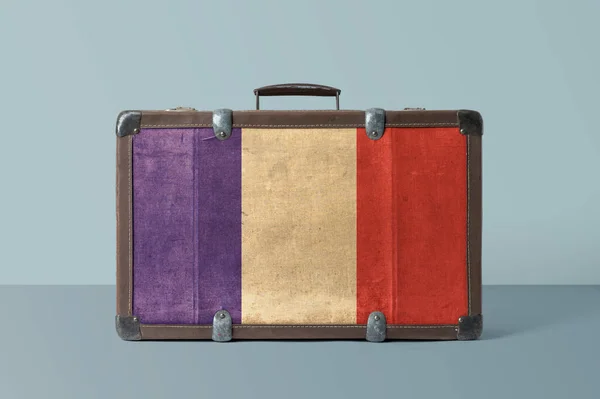 France Flag Old Vintage Leather Suitcase National Concept Retro Brown — Stock Photo, Image