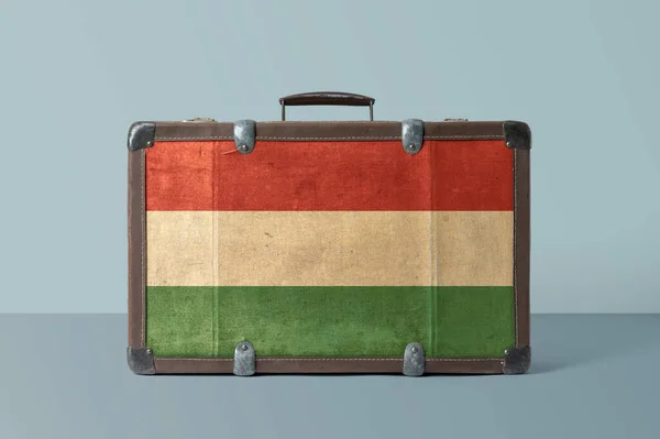 Magyarország Zászlót Visel Régi Bőröndön Nemzeti Koncepcióval Retro Barna Poggyász — Stock Fotó