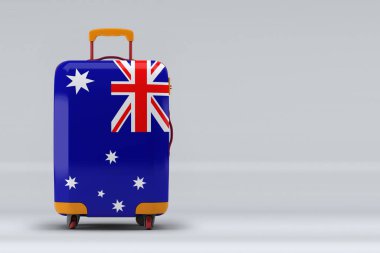 Avustralya ulusal bayrağı renkli arka planda şık bavullar. Mesaj için yer var. Uluslararası seyahat ve turizm konsepti. 3B görüntüleme.