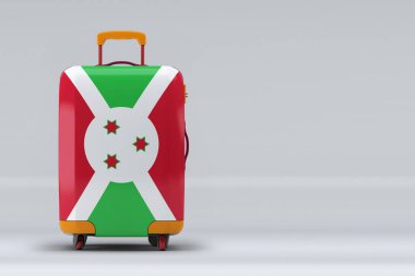 Renkli bavullarda Burundi ulusal bayrağı. Mesaj için yer var. Uluslararası seyahat ve turizm konsepti. 3B görüntüleme.