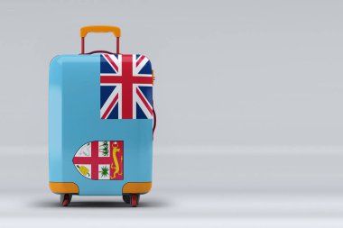 Fiji ulusal bayrağı, renkli arka planda şık bavullar. Mesaj için yer var. Uluslararası seyahat ve turizm konsepti. 3B görüntüleme.