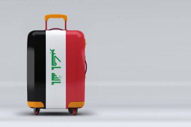 Irak ulusal bayrağı, renkli arka planda şık bavullar. Mesaj için yer var. Uluslararası seyahat ve turizm konsepti. 3B görüntüleme.