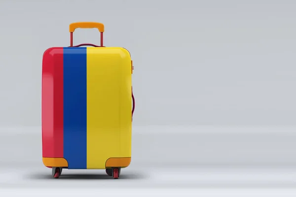 哥伦比亚国旗在一个时尚的手提箱上的色彩背景 文字空间 国际旅行和旅游概念 3D渲染 — 图库照片
