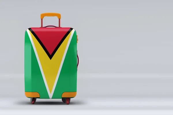圭亚那国旗在一个时尚的手提箱上的颜色背景 文字空间 国际旅行和旅游概念 3D渲染 — 图库照片