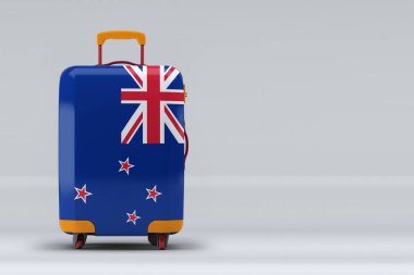 Yeni Zelanda bayrağı, renkli arka planda şık bavullar. Mesaj için yer var. Uluslararası seyahat ve turizm konsepti. 3B görüntüleme.