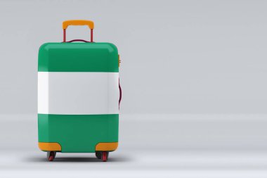 Renkli bavullarda Nijerya ulusal bayrağı. Mesaj için yer var. Uluslararası seyahat ve turizm konsepti. 3B görüntüleme.