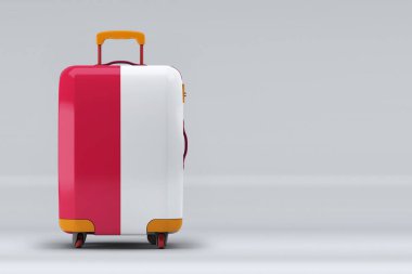 Polonya ulusal bayrağı renkli arka planda şık bavullar. Mesaj için yer var. Uluslararası seyahat ve turizm konsepti. 3B görüntüleme.