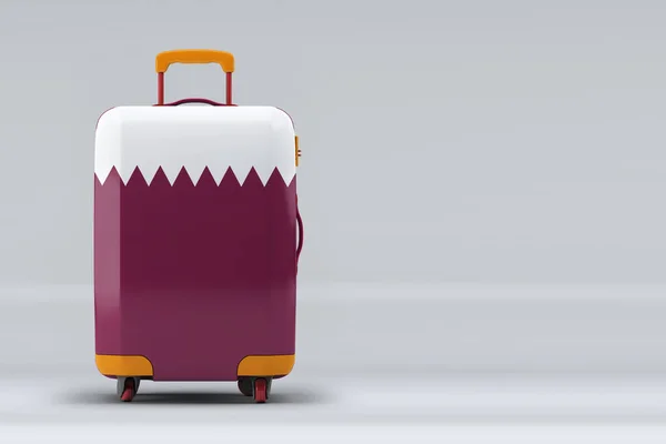 カラーを背景にスタイリッシュなスーツケースにカタール国旗 テキスト用のスペース 国際旅行や観光の概念 3Dレンダリング — ストック写真