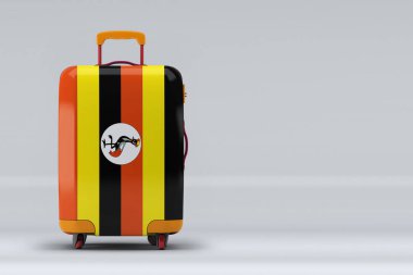 Renkli bavullarda Uganda ulusal bayrağı. Mesaj için yer var. Uluslararası seyahat ve turizm konsepti. 3B görüntüleme.