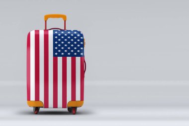 Amerika Birleşik Devletleri ulusal bayrağı renkli arka planda şık bavullar. Mesaj için yer var. Uluslararası seyahat ve turizm konsepti. 3B görüntüleme.