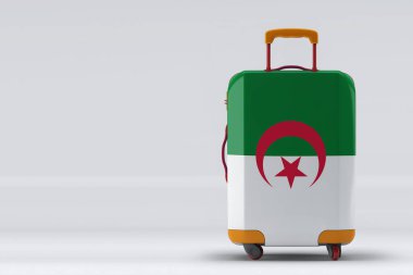 Renkli arka planda şık bir bavul üzerinde Cezayir bayrağı. Mesaj için yer var. Uluslararası seyahat ve turizm konsepti. 3B görüntüleme.