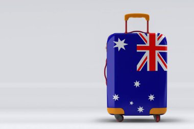 Avustralya, renkli arka planda şık bir bavul üzerinde bayrak sallıyor. Mesaj için yer var. Uluslararası seyahat ve turizm konsepti. 3B görüntüleme.