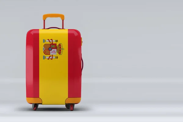 Spaniens Nationalflagge Auf Einem Stilvollen Koffer Auf Farbigem Hintergrund Raum — Stockfoto