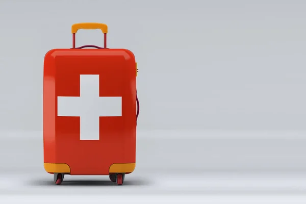 スタイリッシュなスーツケースにスイス国旗が描かれています テキスト用のスペース 国際旅行や観光の概念 3Dレンダリング — ストック写真