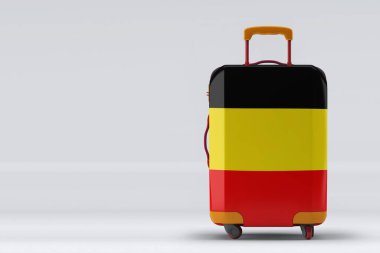 Renkli arka planda şık bavullar üzerinde Belçika bayrağı. Mesaj için yer var. Uluslararası seyahat ve turizm konsepti. 3B görüntüleme.