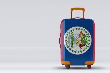 Renkli arka planda şık bavullar üzerine bayrak dikin. Mesaj için yer var. Uluslararası seyahat ve turizm konsepti. 3B görüntüleme.