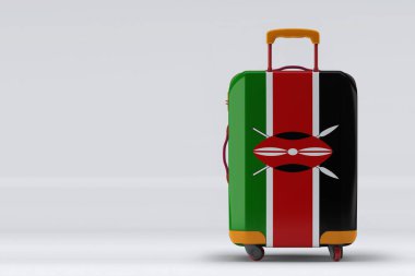 Renkli arka planda şık bir bavul üzerinde Kenya bayrağı. Mesaj için yer var. Uluslararası seyahat ve turizm konsepti. 3B görüntüleme.