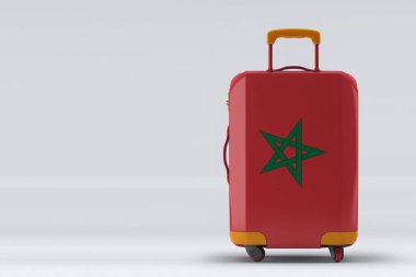 Fas bayrağı renkli arka planda şık bavullar. Mesaj için yer var. Uluslararası seyahat ve turizm konsepti. 3B görüntüleme.