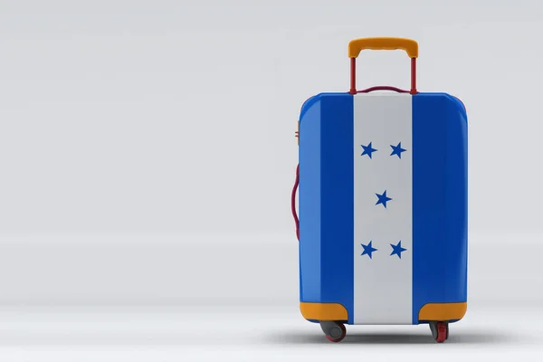 Honduras flag on a stylish suitcases back view on color background. Space for text. International travel and tourism concept. 3D rendering.