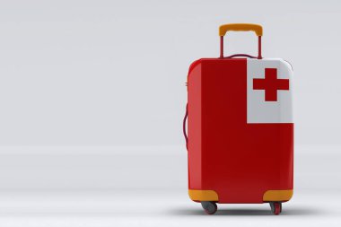 Renkli arka planda şık bavullar üzerinde Tonga bayrağı. Mesaj için yer var. Uluslararası seyahat ve turizm konsepti. 3B görüntüleme.