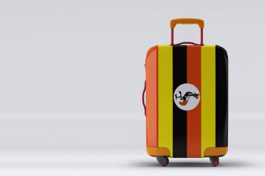 Renkli arka planda şık bavullar üzerinde Uganda bayrağı. Mesaj için yer var. Uluslararası seyahat ve turizm konsepti. 3B görüntüleme.
