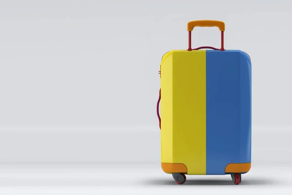 色の背景にスタイリッシュなスーツケースバックビューにウクライナのフラグ テキスト用のスペース 国際旅行や観光の概念 3Dレンダリング — ストック写真