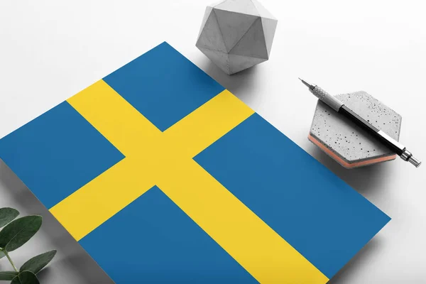 Sweden Flag Minimalist Paper Background National Invitation Letter Stylish Pen — Stock Photo, Image