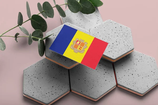 Bandera Andorra Hexágono Piedras Con Estilo Fondo Espacio Copia Rosa — Foto de Stock
