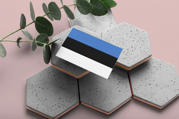 Bandera Estonia Sobre Piedras Estilo Hexágono Fondo Espacio Copia Rosa — Foto de Stock