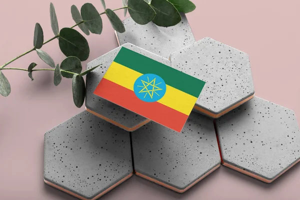 Bandera Etiopía Sobre Piedras Estilo Hexágono Fondo Espacio Copia Rosa — Foto de Stock