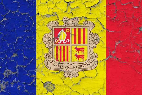 Bandeira Andorra Fechar Grungy Danificado Resistido Parede Descascando Tinta Para — Fotografia de Stock