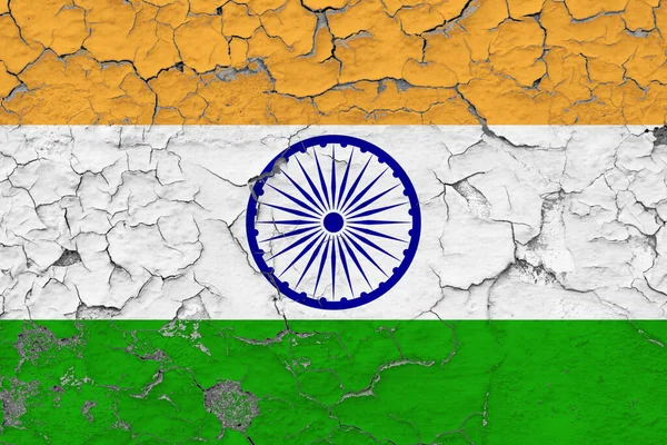 Indien Flagga Närbild Grinig Skadad Och Väderbiten Väggen Skala Bort — Stockfoto