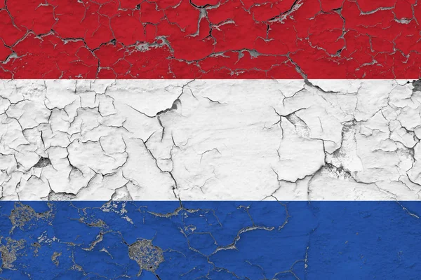 Flaga Holandii Zamyka Grungy Uszkodzony Wietrzeć Ścianie Odrywając Farbę Aby — Zdjęcie stockowe