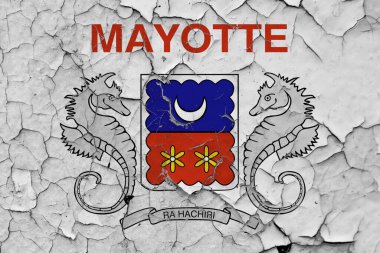Mayotte bayrağı, iç yüzeyi görebilmek için duvardaki boyaları sökerek kirli, hasarlı ve çizikli bir şekilde kapanıyor. Klasik Ulusal Konsept.