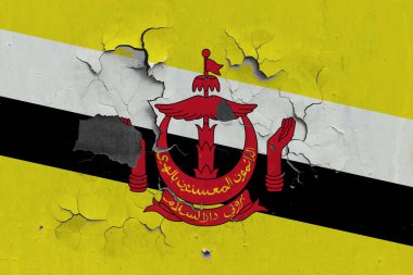 Brunei bayrağı eski, hasarlı ve kirli bir şekilde duvarın içini görmek için boyayı soyuyor. Klasik Ulusal Konsept.