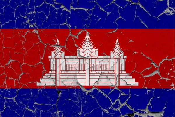 Kambodja Flagga Närbild Grinig Skadad Och Repad Väggen Skala Bort — Stockfoto