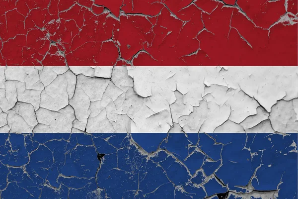 Flaga Holandii Zamyka Grungy Uszkodzony Zarysowany Ścianie Odrywając Farbę Aby — Zdjęcie stockowe