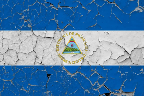 Nicaragua Vlag Close Grungy Beschadigd Gekrast Muur Schillen Van Verf — Stockfoto