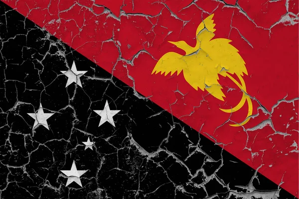 Pápua Guinea Zászló Közeledik Piszkos Sérült Karcos Falon Lehámló Festék — Stock Fotó