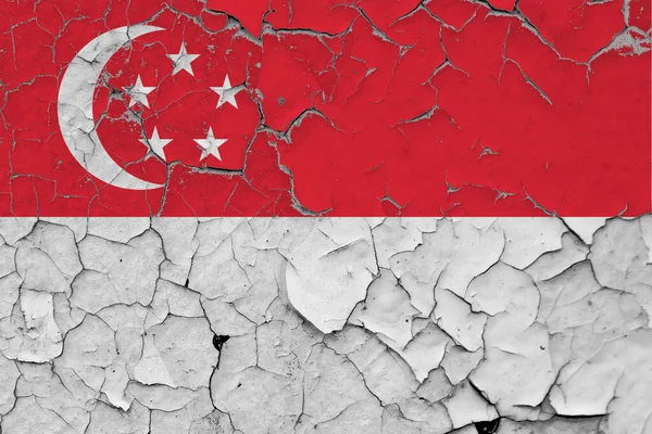 Singapur bayrağı kirli, hasarlı ve duvara kazınmış, yüzeyi görmek için boyayı söküyor. Klasik Ulusal Konsept.