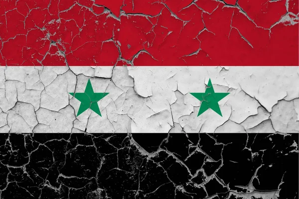 Flaga Syrii Zamyka Grungy Uszkodzony Zarysowany Ścianie Odrywając Farbę Aby — Zdjęcie stockowe