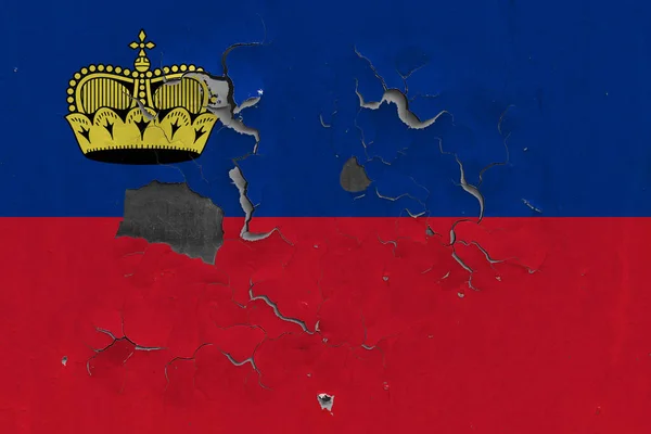 Флаг Лихтенштейна Закрывает Старую Поврежденную Грязную Стену Снимая Краску Увидеть — стоковое фото