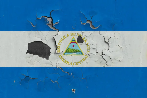 Nicaragua Vlag Close Oude Beschadigde Vuile Muur Afpellen Van Verf — Stockfoto